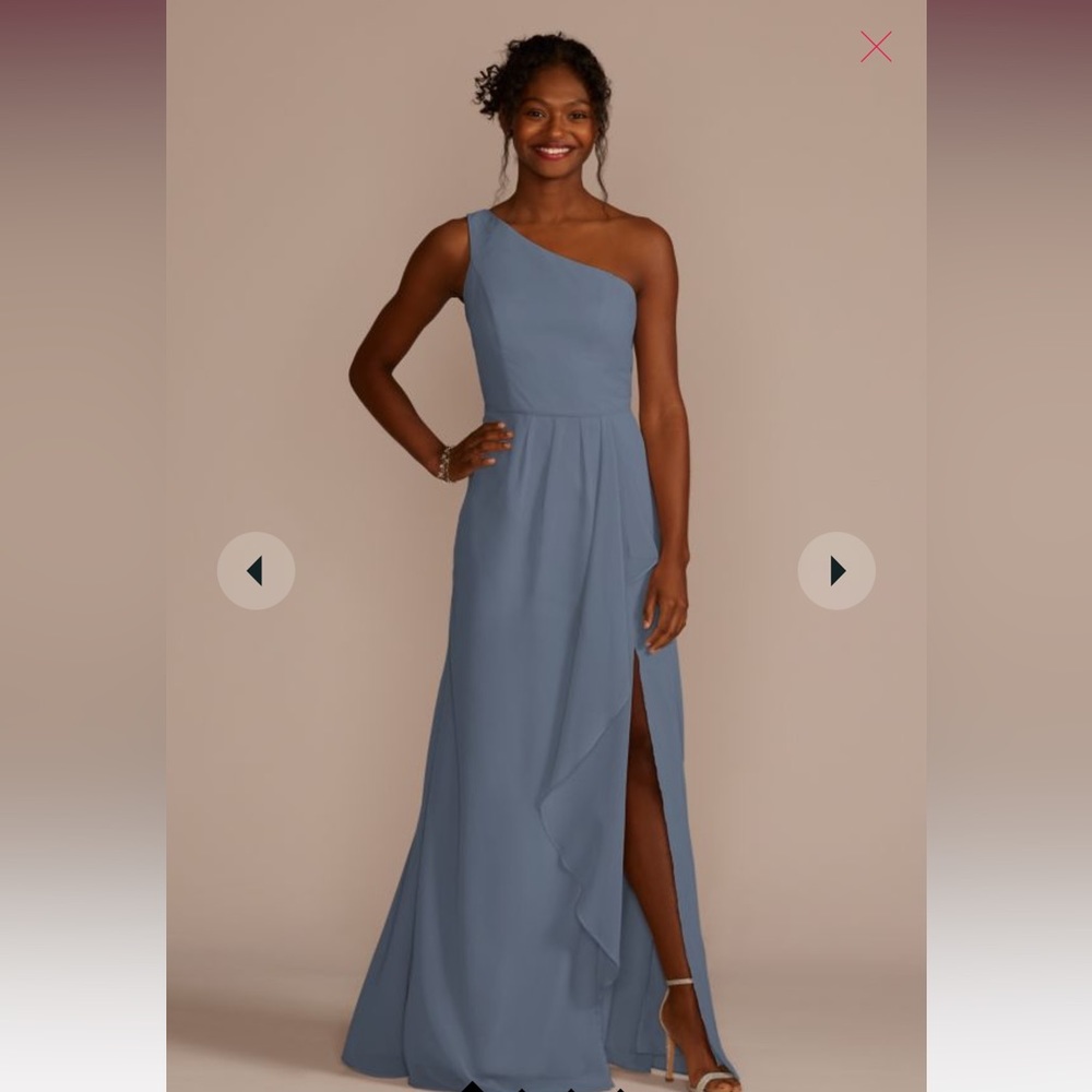 David’s Bridal One Shoulder Chiff Dress with Ruffle in Steel Blue